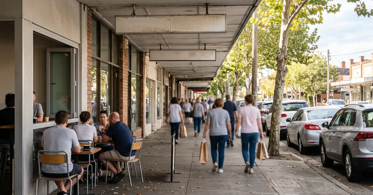 Sunny suburban shopping strip footpath with shoppers