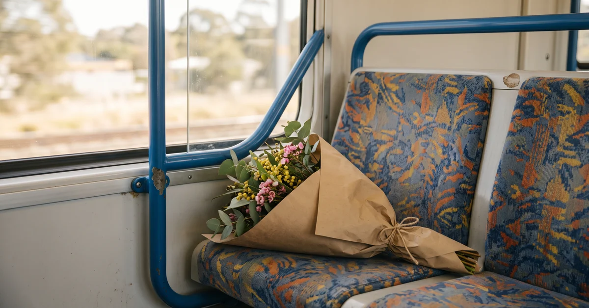 Bouquet of pink and yellow flowers wrapped in brown paper sits on a patterned bus seat by the window.