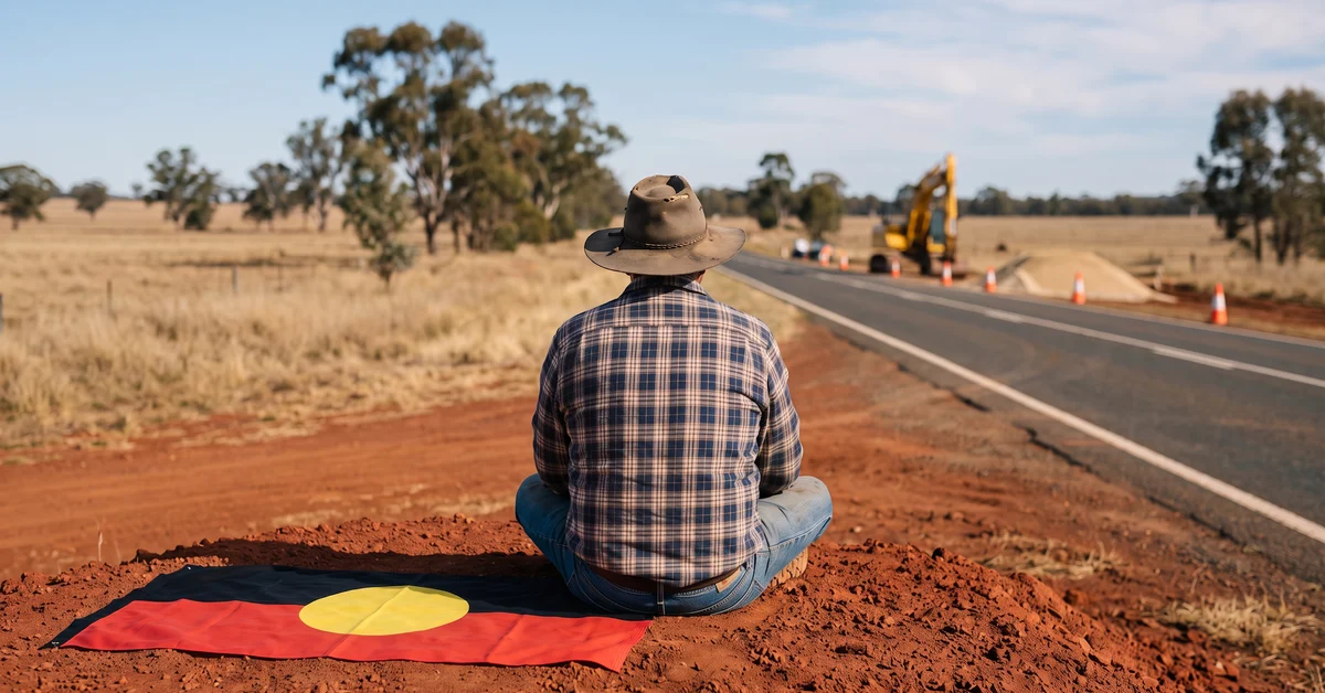 Aboriginal elder seated on a mound of earth beside regional roadworks, seen from behind