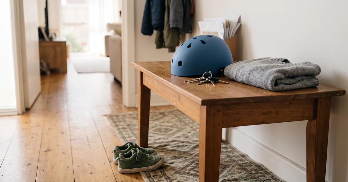 Child's bike helmet and car keys on a sunlit hall table