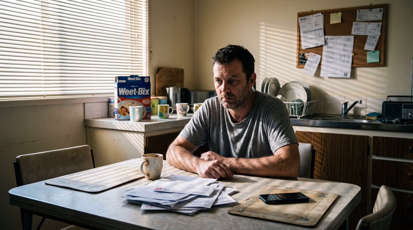 Middle-aged man in a gray shirt sits at a cluttered kitchen table, with folded envelopes and a mug nearby.
