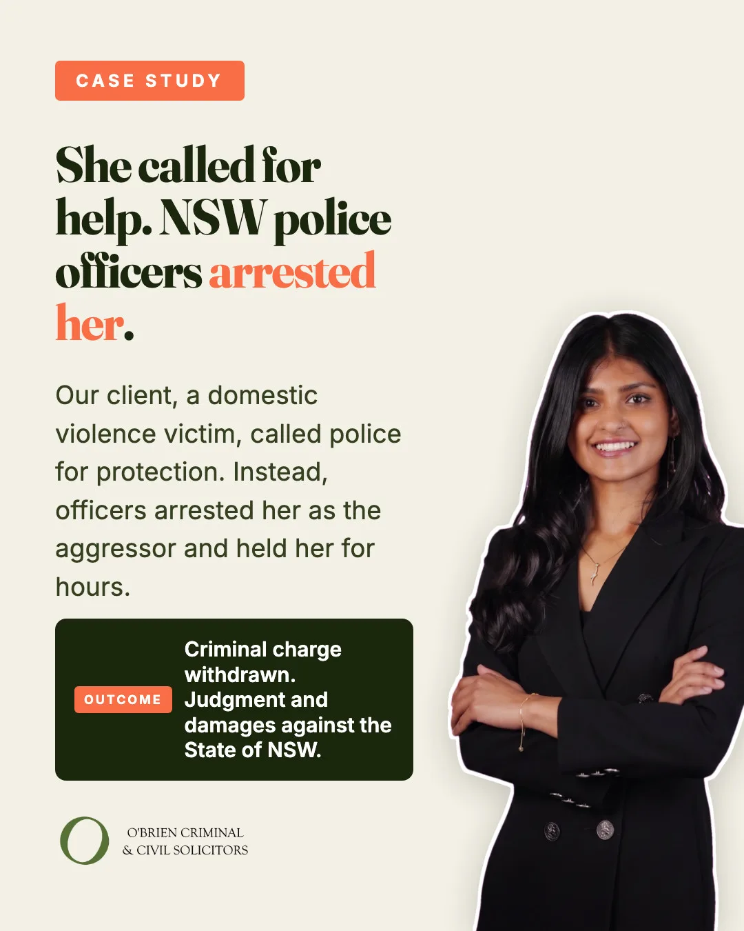 graphic showing Anavi Arya Civil Lawyer in Sydney alongside text about civil case against NSW police for false arrest