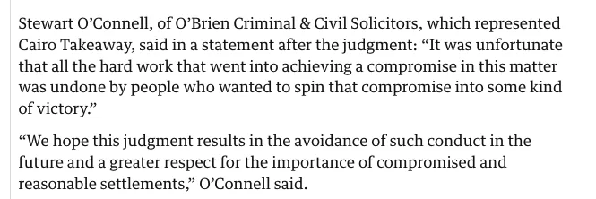 Screenshot 2026-07-01 at 45233 pm | O'BRIEN CRIMINAL & CIVIL SOLICITORS Newspaper-style clipping with quotes from Stewart O’Connell criticizing the judgment and urging avoidance of compromising settlements.