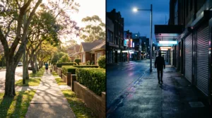 Split image: daytime suburban sidewalk with a person walking a dog, row of houses and trees on the left side (sunny). Right side shows a nighttime urban street with a lone pedestrian under streetlights.