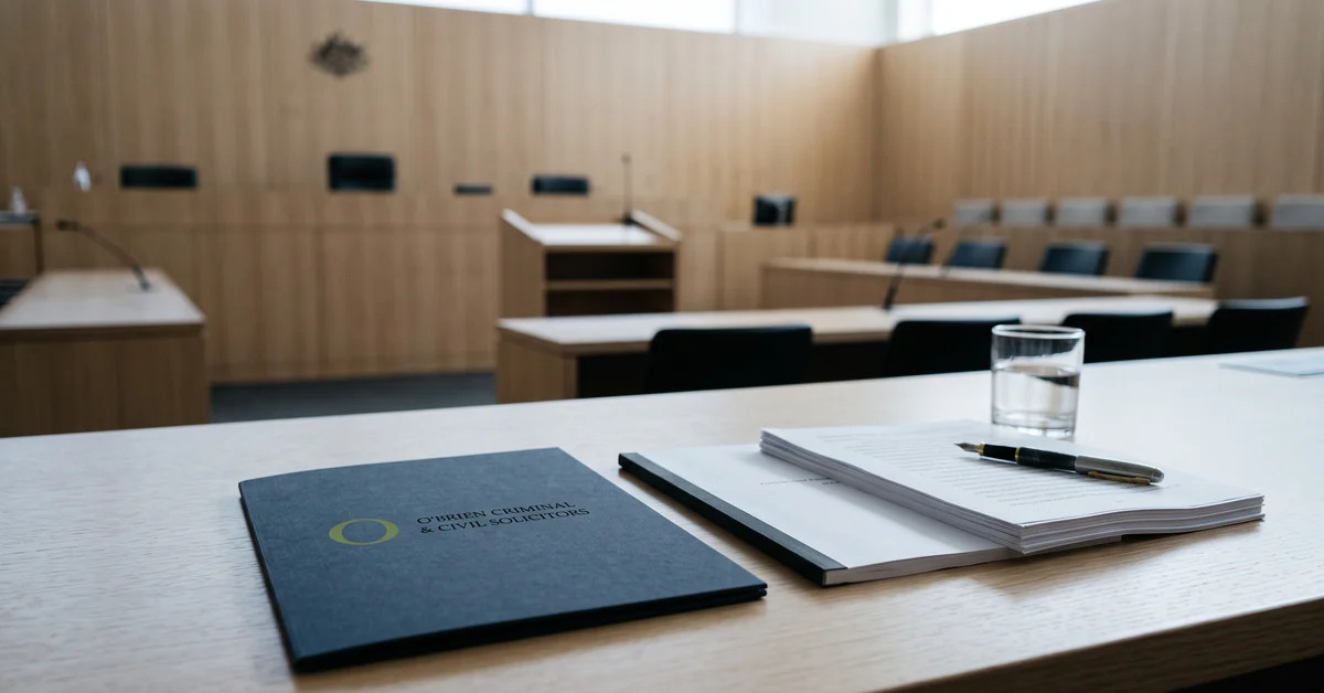 O'Brien Solicitors document wallet and bound settlement deed on a counsel's table in a Federal Court hearing room
