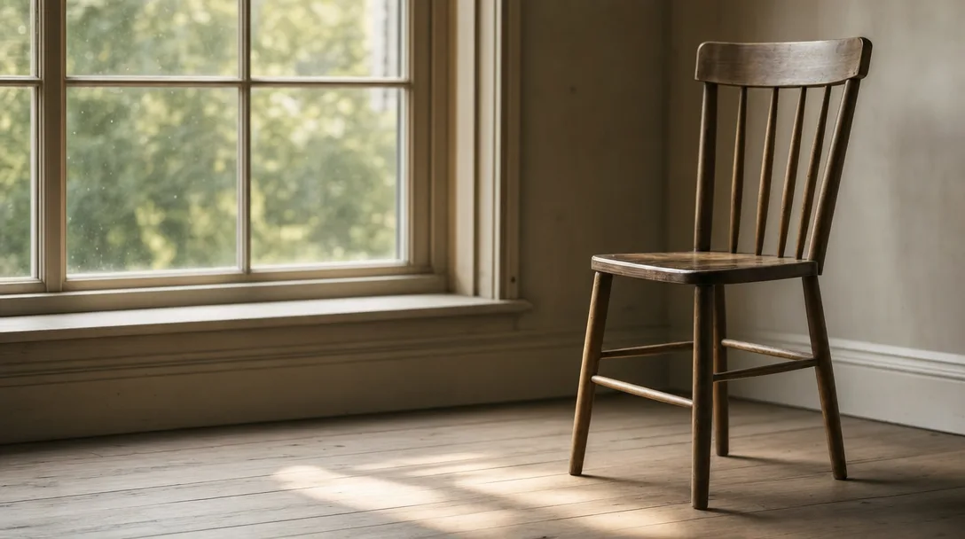 a wooden chair by a window