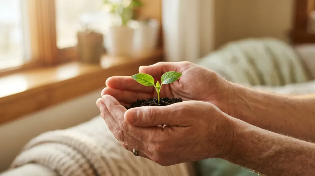 Old hands gently cup a small green seedling in soil by a sunlit window indoors