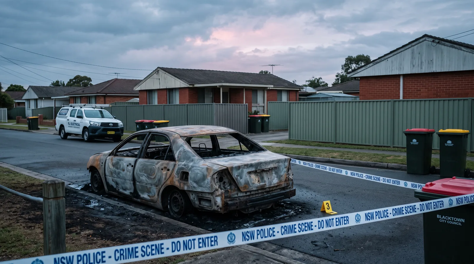 nsw-kill-car-organised-crime-laws-western-sydney | O'BRIEN CRIMINAL & CIVIL SOLICITORS a burnt out car with police tape boarding it in a housing estate