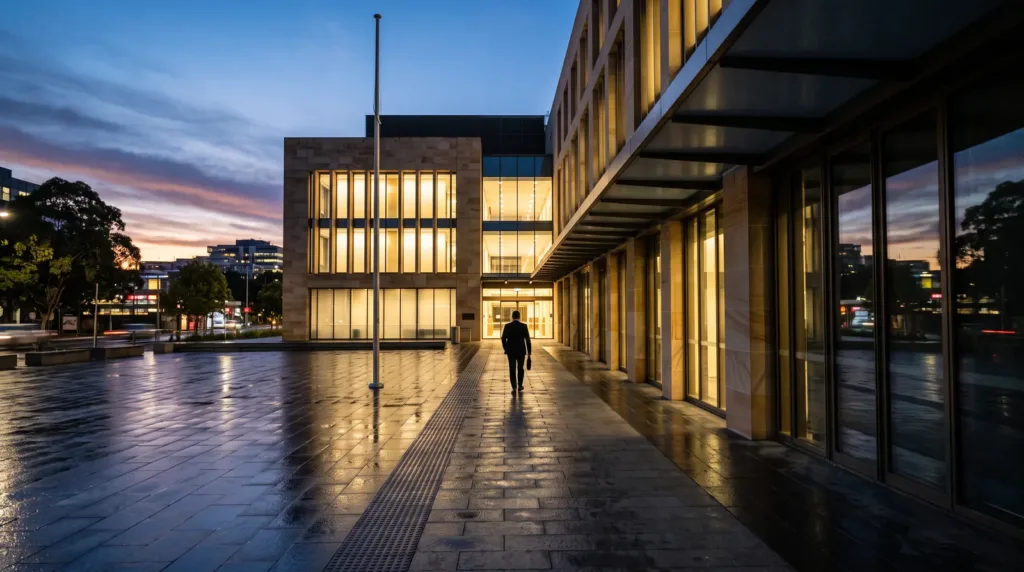 a man walking away at night towards a bright office buidling