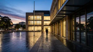 a man walking away at night towards a bright office buidling