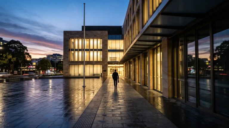 nsw-organised-crime-laws-parramatta-court | O'BRIEN CRIMINAL & CIVIL SOLICITORS | O'BRIEN CRIMINAL & CIVIL SOLICITORS a man walking away at night towards a bright office buidling