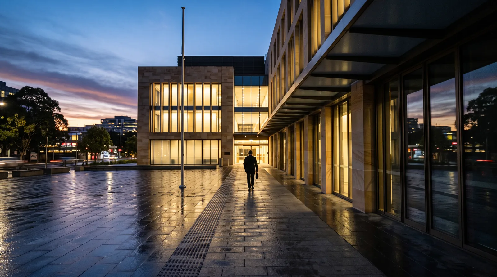 a man walking away at night towards a bright office buidling