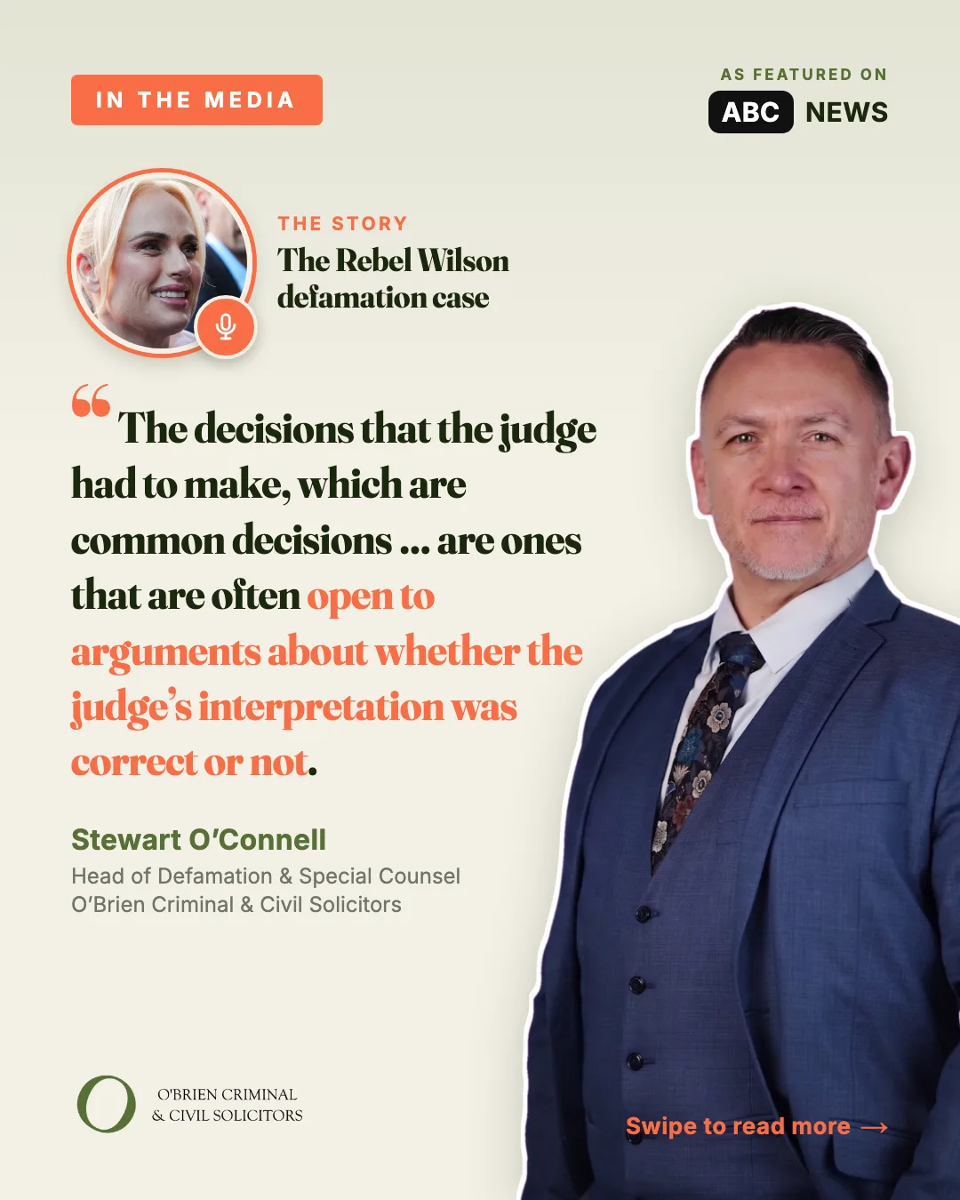 stewart ABC rebel wilson social media graphic | O'BRIEN CRIMINAL & CIVIL SOLICITORS graphic of stewart o'connell with a quote about rebel wilson defamation case