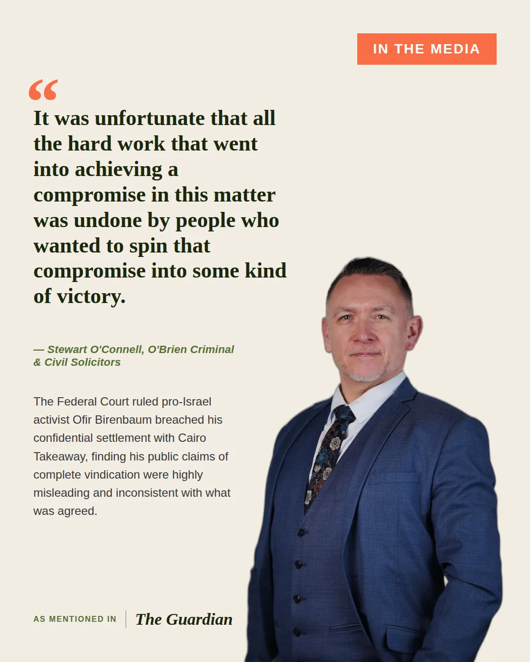 stewarts case win | O'BRIEN CRIMINAL & CIVIL SOLICITORS Quote-style feature: large text on left with a man in a blue suit on a beige background and an 'In the Media' badge on top right.