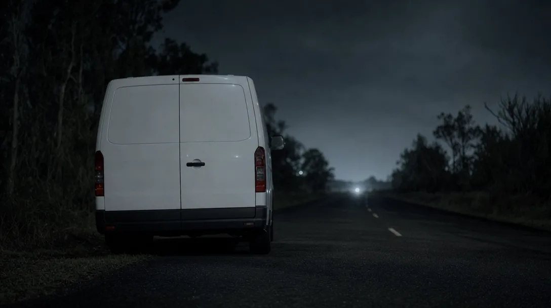 a white van on the side of a road at night time
