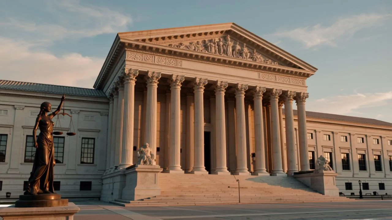 Neoclassical courthouse with tall columns and a statue of Lady Justice holding scales near the entrance.