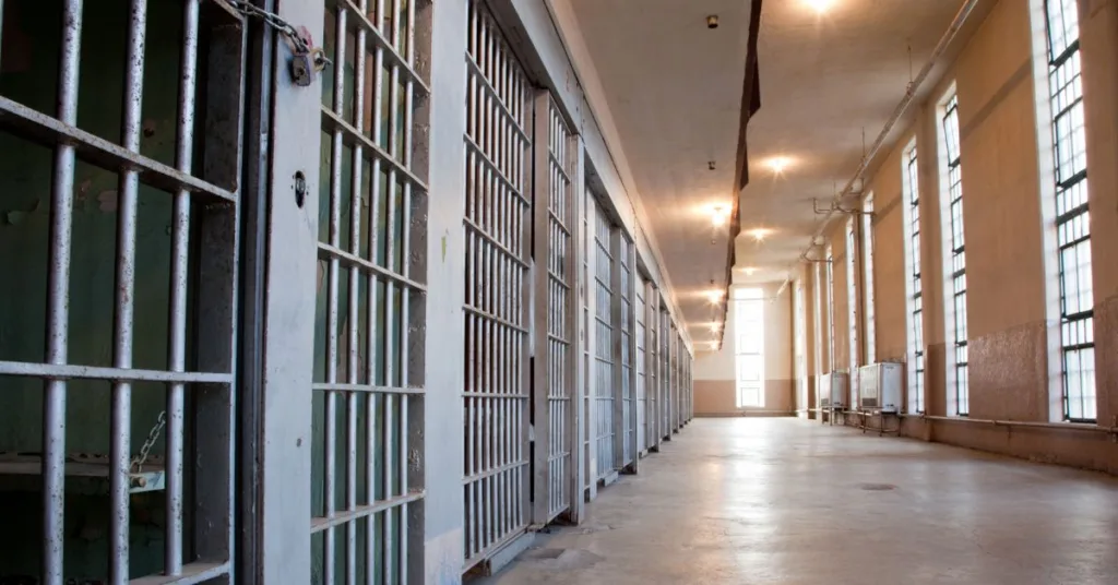 a prison corridor with cells on the lift and windows on the right