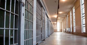a prison corridor with cells on the lift and windows on the right