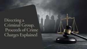 Title banner: Directing a Criminal Group, Proceeds of Crime Charges Explained, with a gavel and scales against a dark, smoky cityscape background.