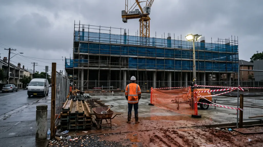 Construction site with a worker in an orange safety vest and hard hat standing on wet ground in front of a blue-sheathed building under scaffolding and a crane behind.
