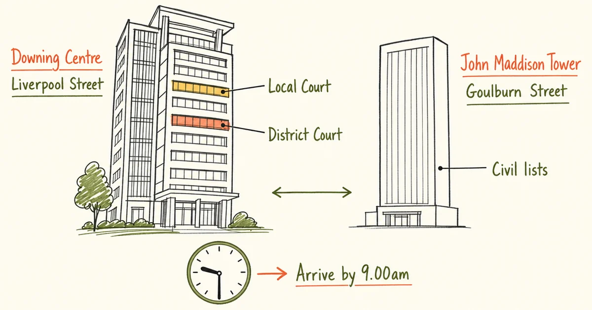 Diagram showing the Downing Centre on Liverpool Street with Local Court on one floor and District Court on another, next to John Maddison Tower on Goulburn Street where civil lists are heard, with a note to arrive by 9.00am