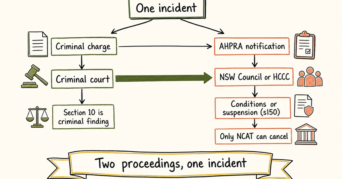 Diagram explaining who handles an AHPRA notification in NSW: the National Board, your NSW Council and the HCCC