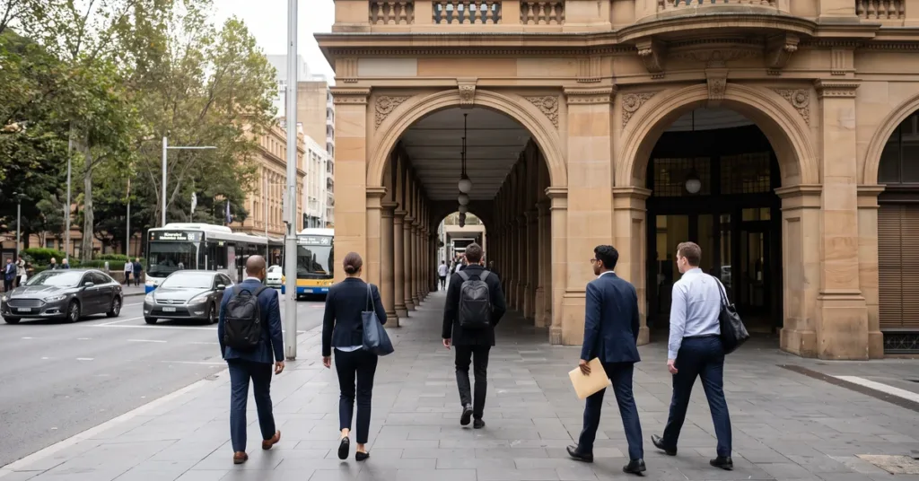People walking into the Downing Centre courthouse entrance on Liverpool Street, Sydney