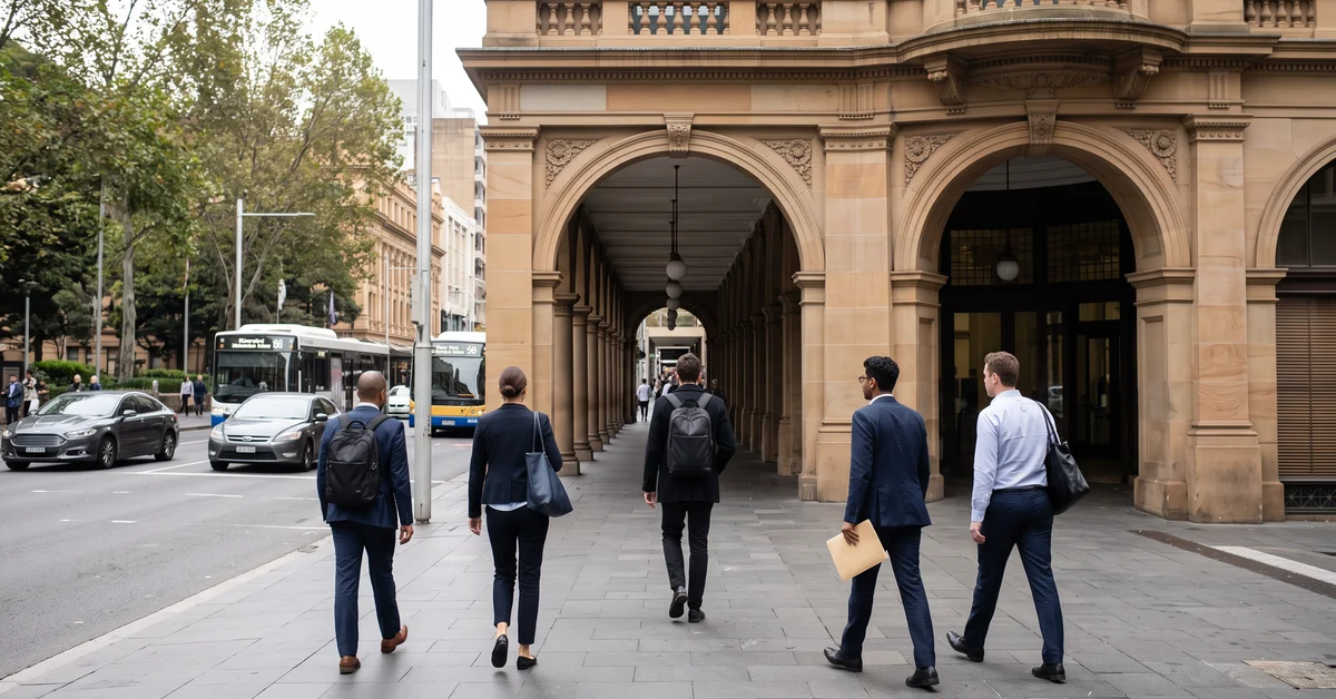 People walking into the Downing Centre courthouse entrance on Liverpool Street, Sydney