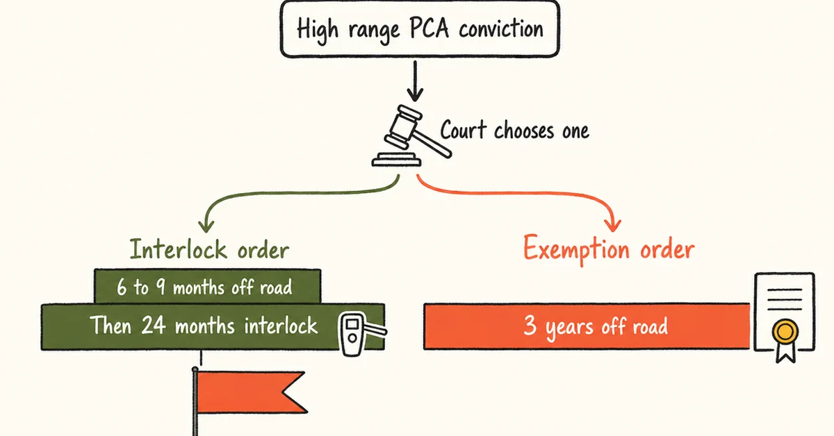 Flowchart showing a high range PCA conviction leading to either an interlock order (6 to 9 months off the road, then 24 months on an interlock) or an exemption order (3 years off the road)
