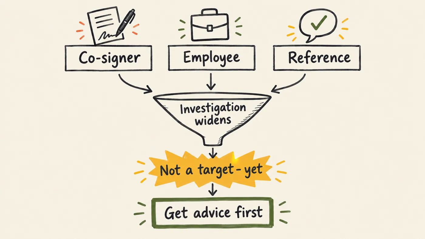 Diagram showing that being a loan co-signer, employee or reference can still bring someone into a widening fraud investigation, and that getting legal advice first is the safe move