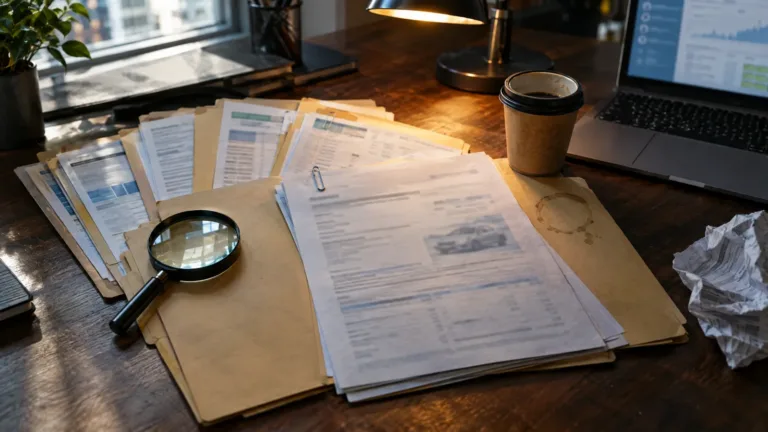 A desk covered in loan application folders and bank statements with a magnifying glass, representing a financial fraud investigation into loan documents