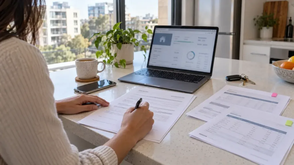 Person signing loan documents at a kitchen bench with a laptop showing a home loan dashboard and financial statements nearby