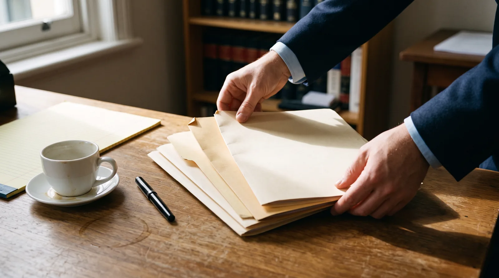 Criminal solicitor consolidating multiple case files on a desk, representing several criminal charges resolved together