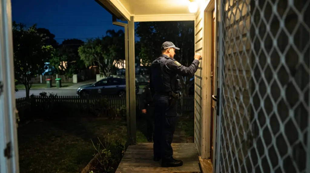 A NSW Police officer knocking at the front door of a suburban Sydney house at night, illustrating a bail-compliance check