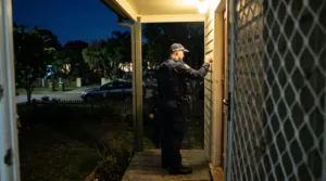 nsw-police-implied-licence-bail-checks-featured | O'BRIEN CRIMINAL & CIVIL SOLICITORS | O'BRIEN CRIMINAL & CIVIL SOLICITORS A NSW Police officer knocking at the front door of a suburban Sydney house at night, illustrating a bail-compliance check