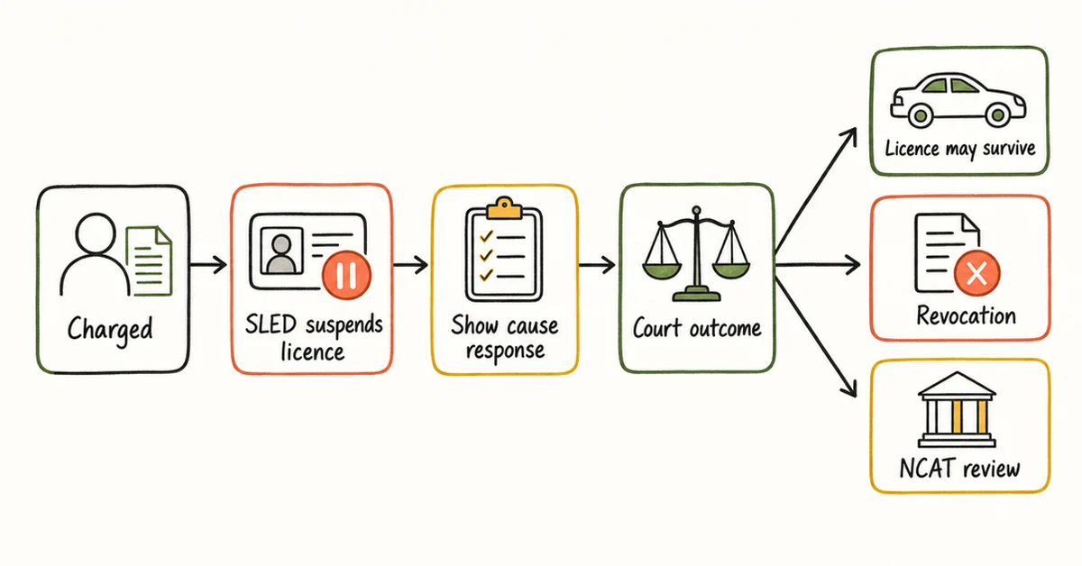 security-licence-appeal-nsw-explainer | O'BRIEN CRIMINAL & CIVIL SOLICITORS Diagram: what happens when a NSW security licence is suspended, from charge to SLED suspension notice, show cause response, internal review and NCAT appeal