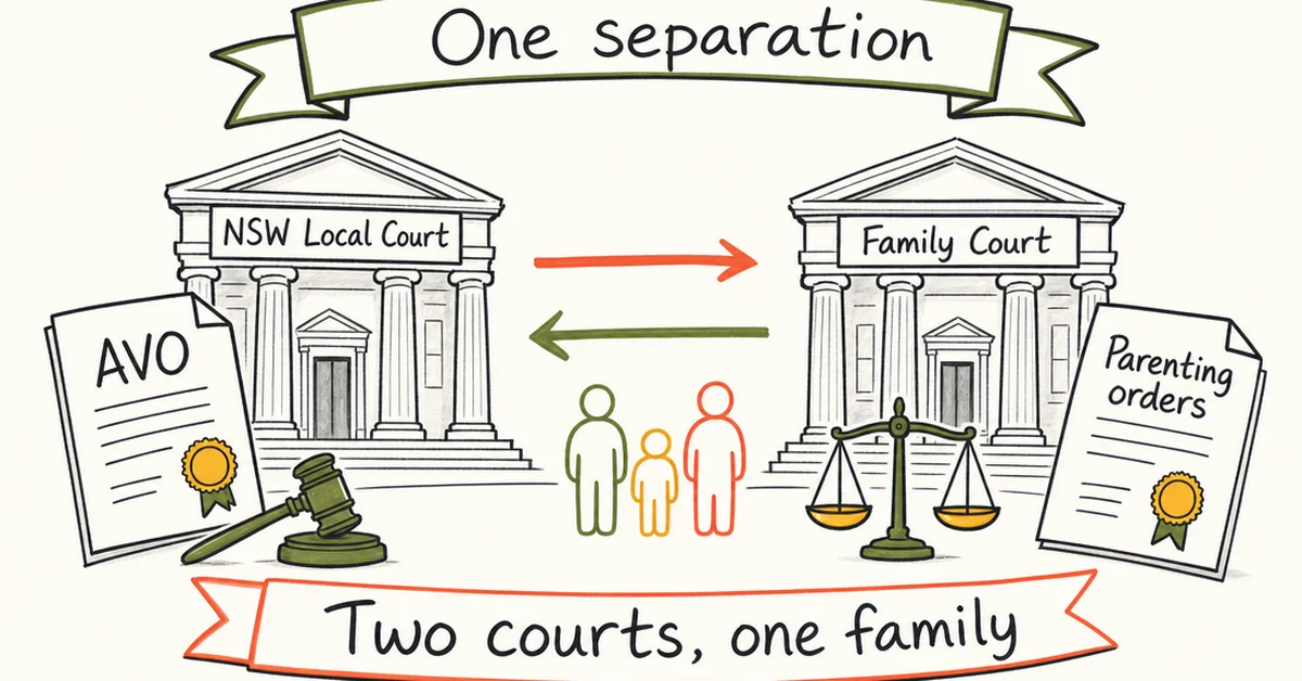 Illustration of one separation leading to two courts: the NSW Local Court dealing with an AVO and the Family Court dealing with parenting orders, with a family in between
