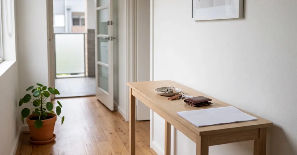 A quiet home hallway with keys and a wallet on a timber table