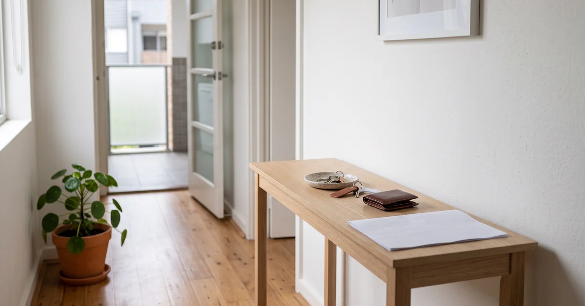 A quiet home hallway with keys and a wallet on a timber table