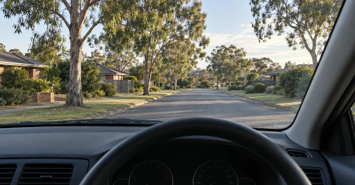 View from the driver's seat of a parked car onto a quiet empty suburban road
