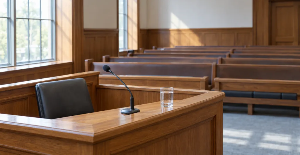 Empty courtroom witness box with a microphone and a glass of water, facing rows of empty timber benches