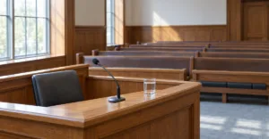 Empty courtroom witness box with a microphone and a glass of water, facing rows of empty timber benches