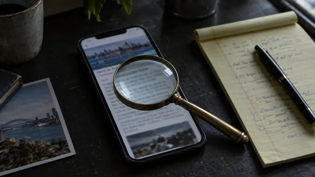 Magnifying glass resting over a news article on a smartphone beside a legal notepad