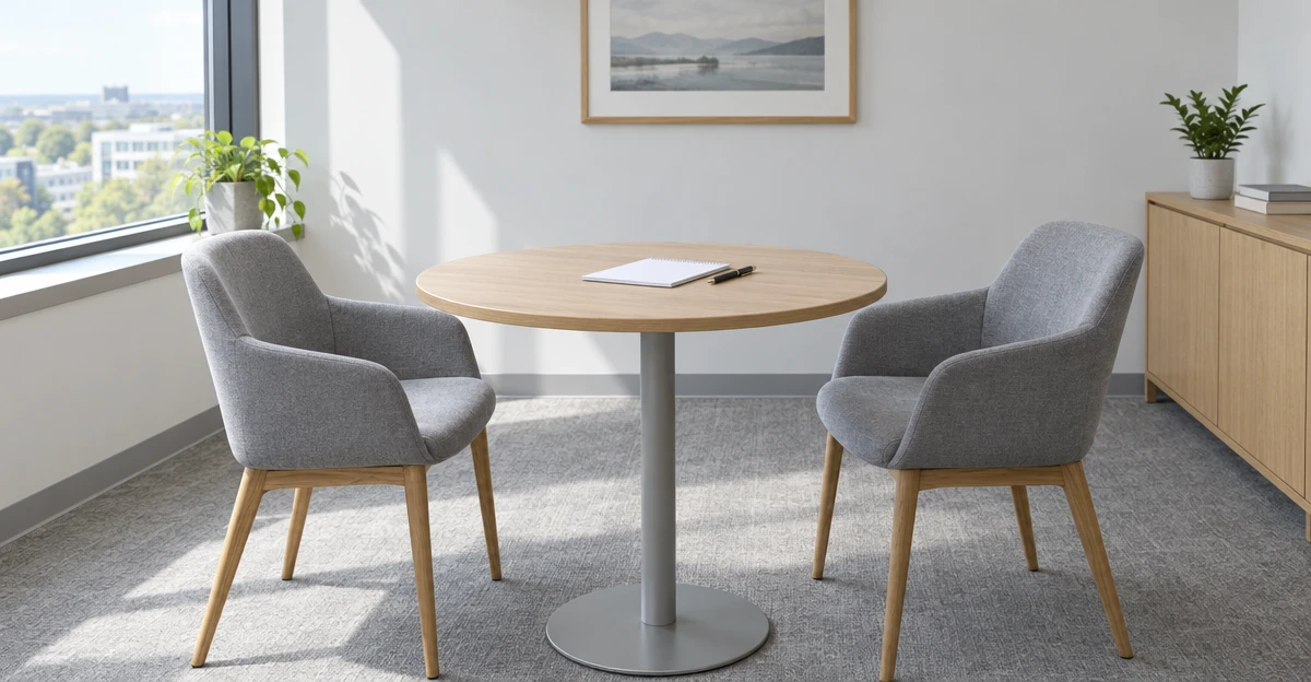 Two gray upholstered chairs sit around a round wooden table in a bright office, with a notebook and pen on the table.