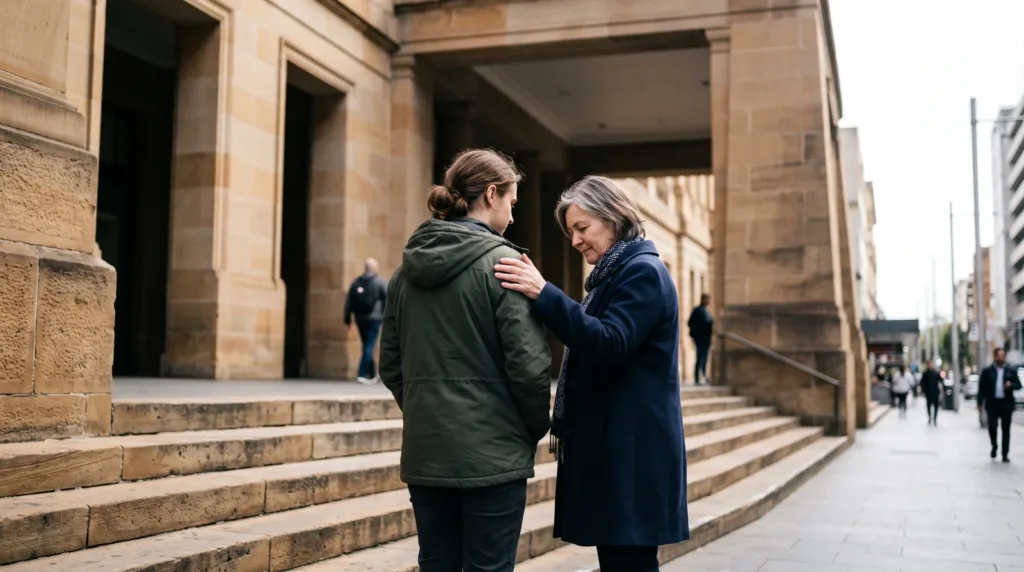 Two women standing on sandstone steps outside a building, one placing a comforting hand on the other's shoulder.
