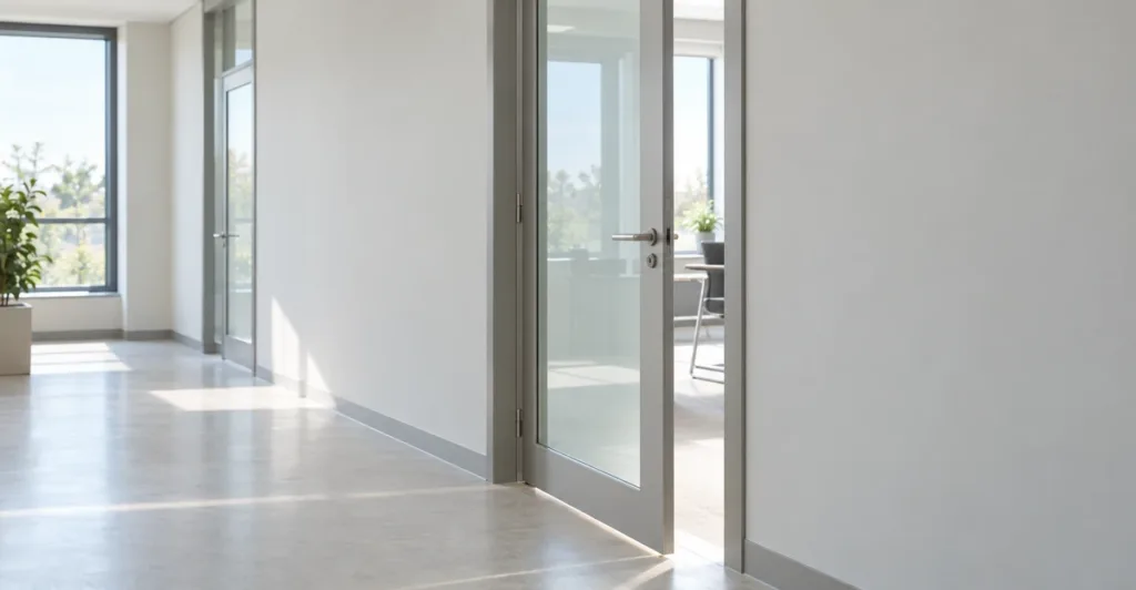 Glass office door standing slightly ajar in a bright, pale hallway with daylight spilling through the gap