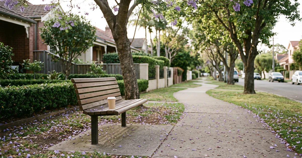 A quiet suburban NSW street with an empty park bench and a takeaway coffee cup