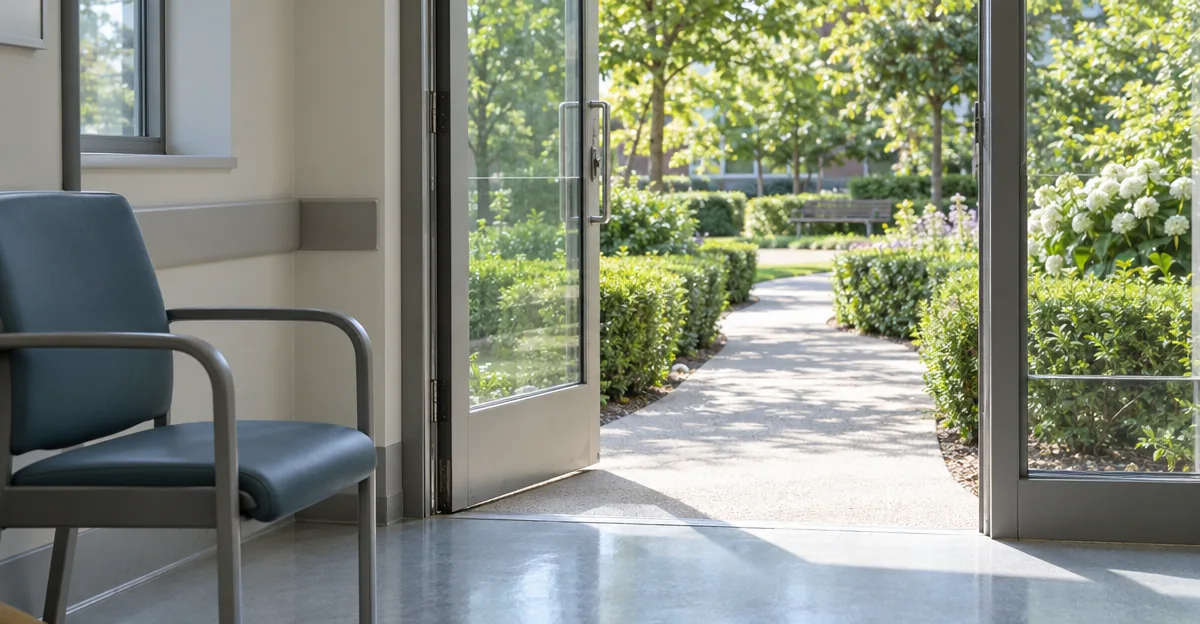 Glass hospital door open onto a sunlit garden path beside an empty waiting chair