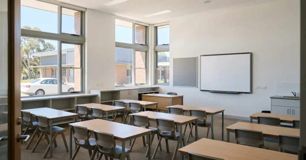 Empty school classroom with rows of desks and chairs facing a whiteboard