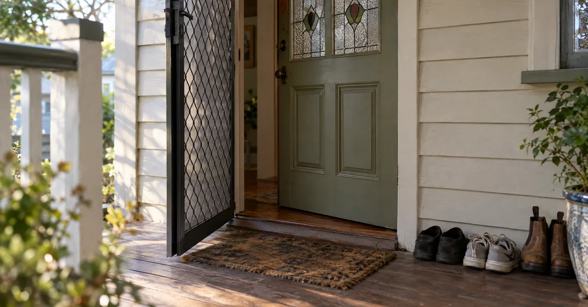 Open front door with a decorative stained-glass panel, a welcome mat, and several pairs of shoes on the wooden porch.